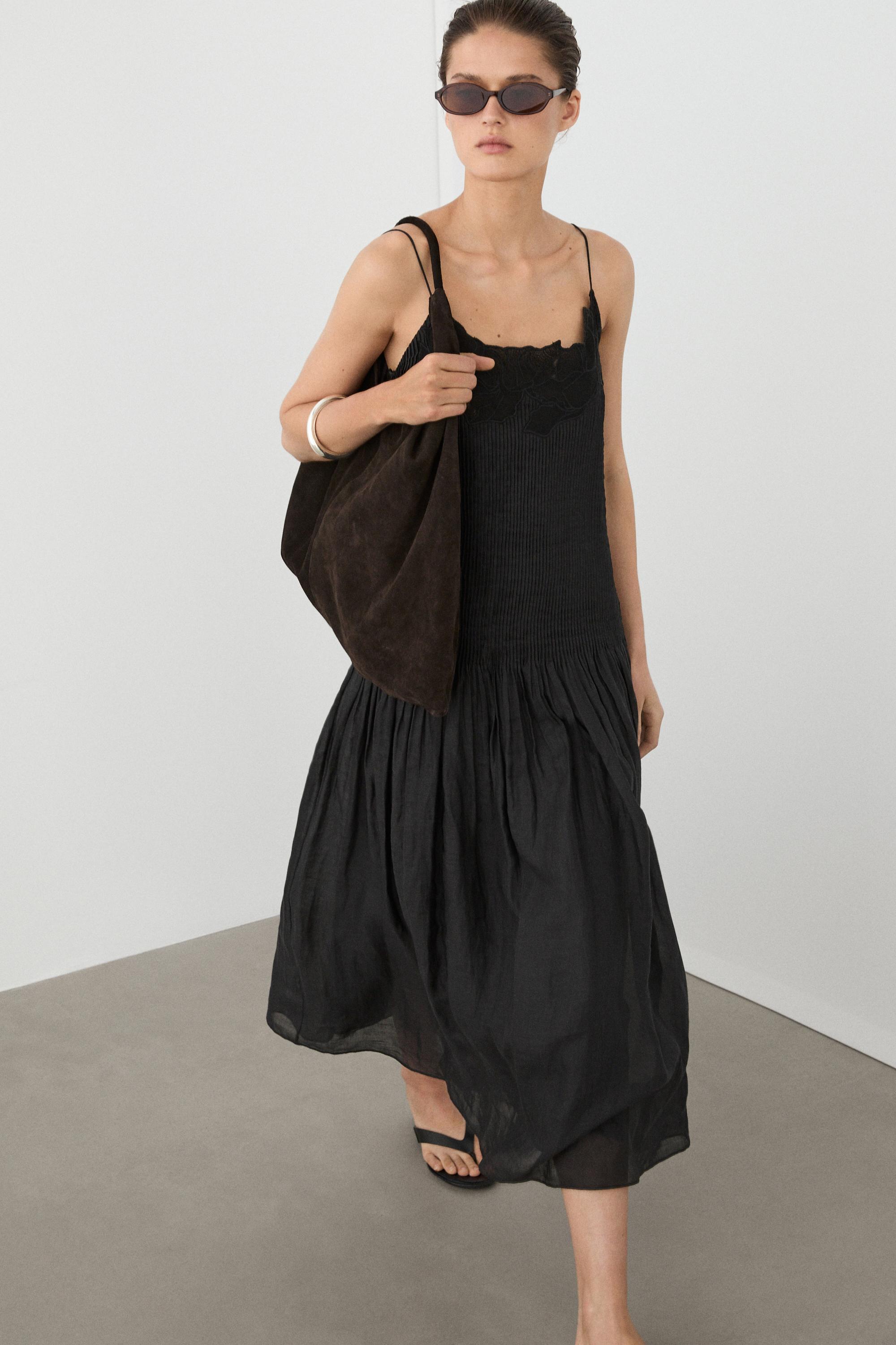 Flowing embroidered midi dress with pintuck detail